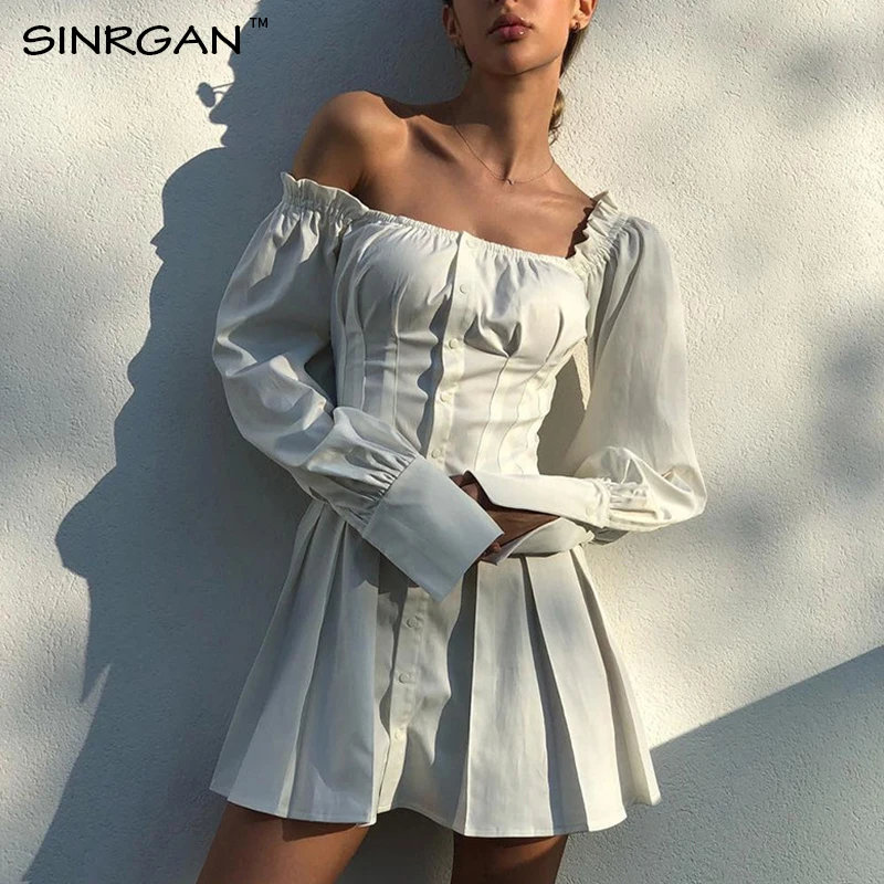 Женское плиссированное платье SINRGAN белое летнее платье-рубашка с вырезом