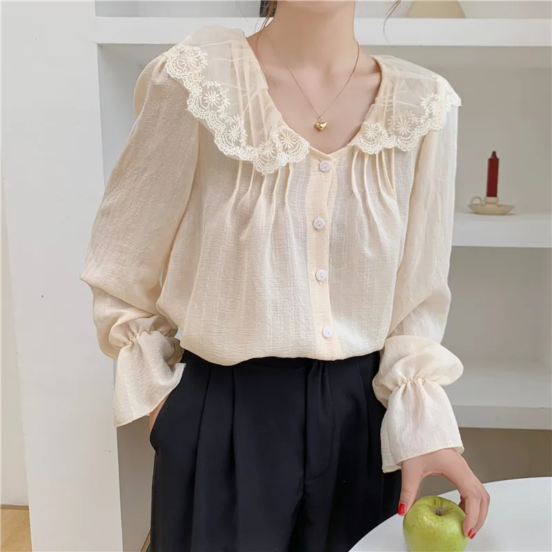 

HziriP 2021 New Summer Office Lady French Solid Vintage Lace Chic Casual Elegant Sunscreen Blouse Gentle Long Sleeve Shirt