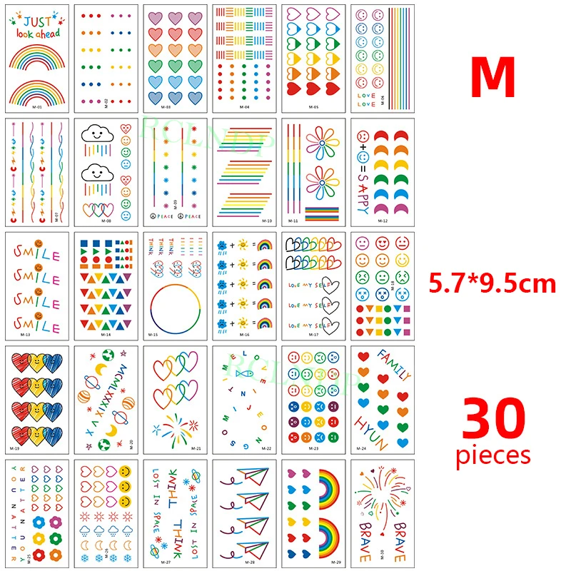

30 Pcs Waterproof Temporary Tattoo Sticker set Cartoon Rainbow Love Heart Geometric Pattern Flash Tatoo Fake Tatto for Men Women