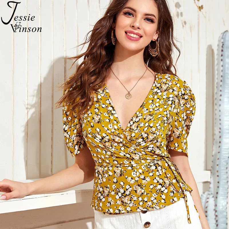 

Jessie Vinson Sexy V-neck Blouse Women Short Sleeve Floral Print Tie up Blouse Shirt Summer Womens Tops and Blouses Wrap Shirt