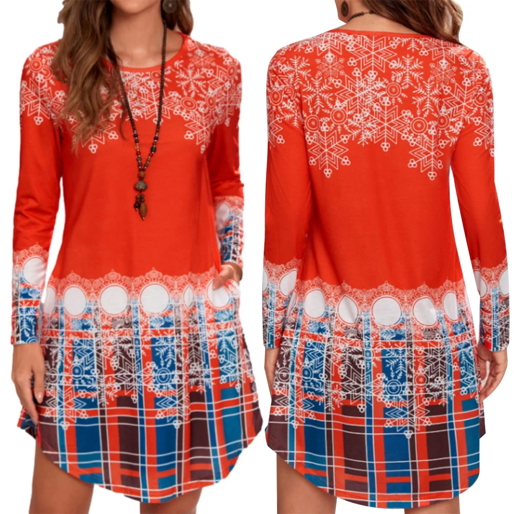 

Christmas Printing Pockets Casual Pullover Dress Round Neck Long Sleeve Spring/Autumn Short Dress Trapeze & Swing Dress