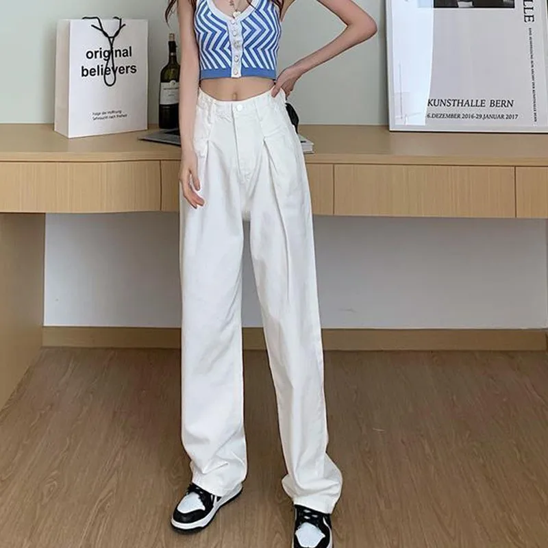 

Jeans Women's Solid Color Retro High Waist Straight Trousers Simple Student Loose Fashion Harajuku Mom Fashion Casual 2021 new