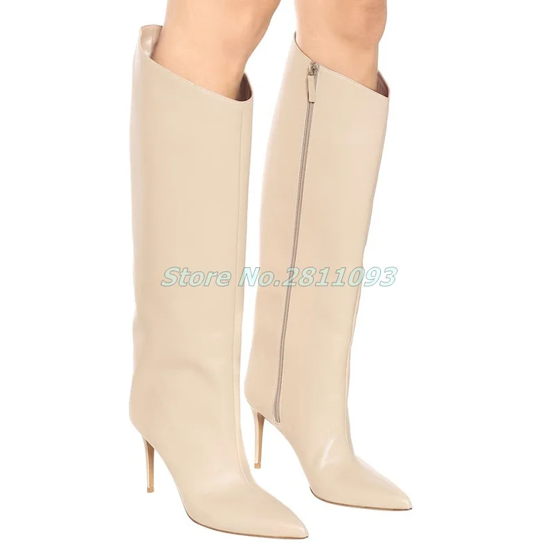 Knee High Women Winter Boots Thin High Heel Sexy Pointed Toe Zipper Dress Shoes Solid Black Beige Custom Made Women Boots