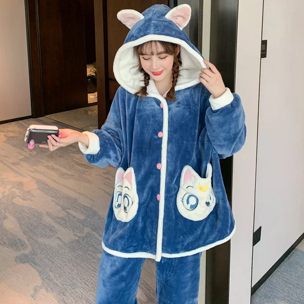 Coral Velvet Pajamas Women's Winter Thickened Plush Flannel Cute Outdoor Autumn And Home Clothes Set Spring