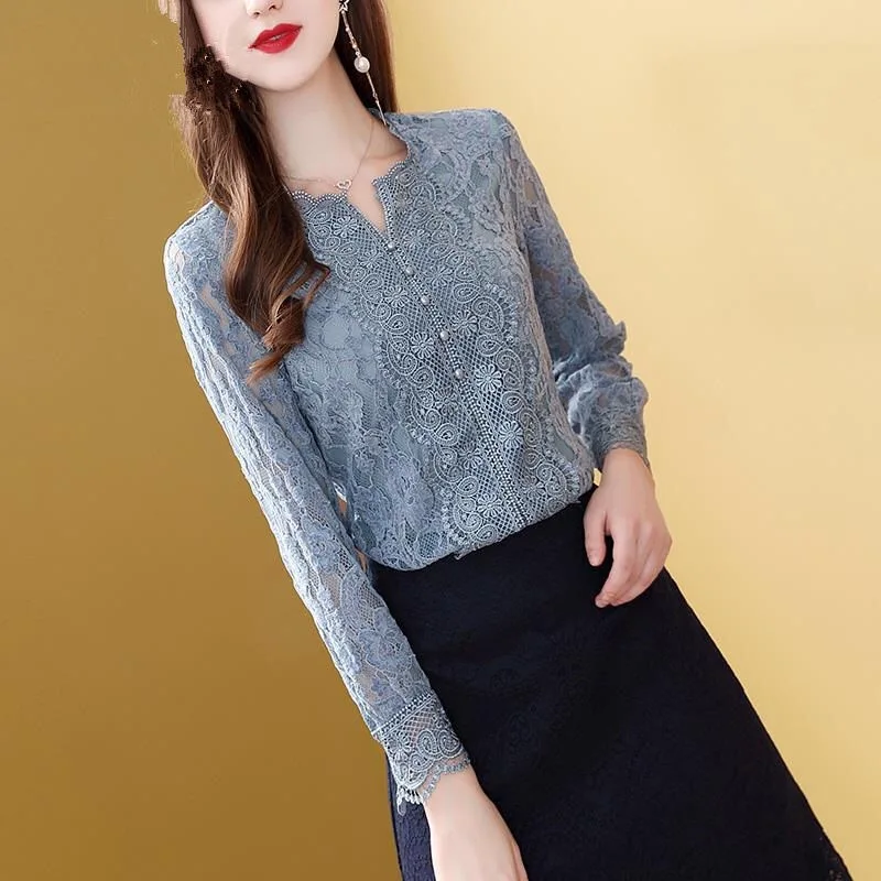 Spring Fall Fashion Womens Long Sleeve Blue Lace Blouse Top Shirt , Korean Ladies Woman Pearls Button Tops and Blouses