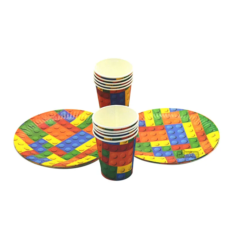 Мультфильм coclorful блоки лего одноразовые столовые приборы чашка тарелка скатерть