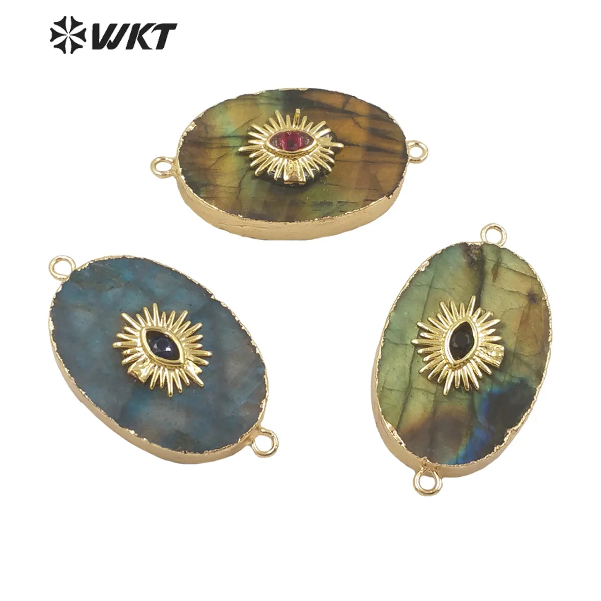 

WT-MP200 Newest Fashion gold oval shape high polish Natural Labradorite stone connector double loops eye charm pendant connector