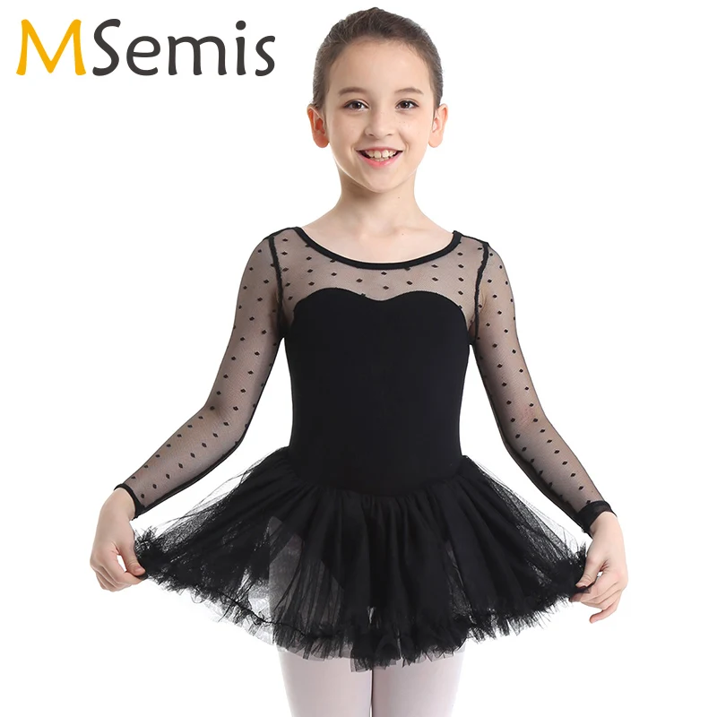 

MSemis Girls Ballet Dress Gymnastics Leotard for Girls Cotton Polka Dots Mesh Long Sleeves Ballet Dance Ballerina Tutu Dress Kid