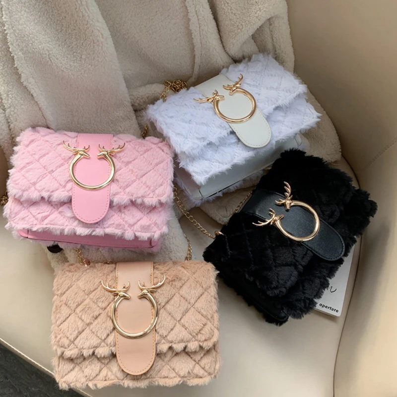 Female Winter Soft Plush Fur Designer Handbag Deer Lock Chain Shoulder Messenger Women Velour Crossbody Bags For Luxury Flap
