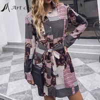 spring autumn 2021 women mini dresses vestidos vintage print v neck a line long sleeve with belt ladies shirt dress petticoat