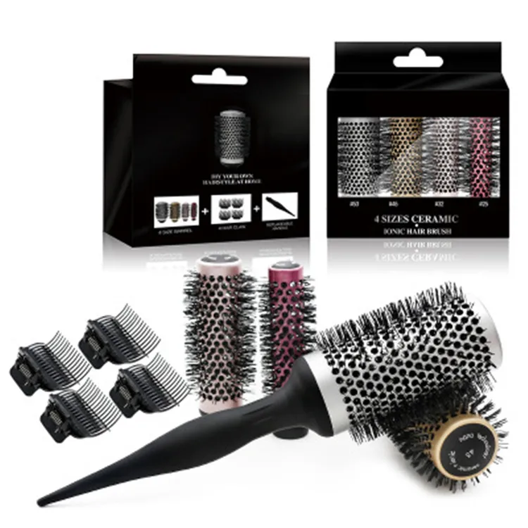 

Removable handle round hair brush set ceramic Hairstyle Tools Aluminum Round Brush With Nozzle Kit Fluffy Curly Combs