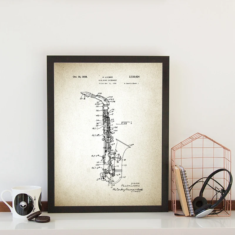 Музыкальный инструмент запатентованные принты музыкальный подарок саксофон