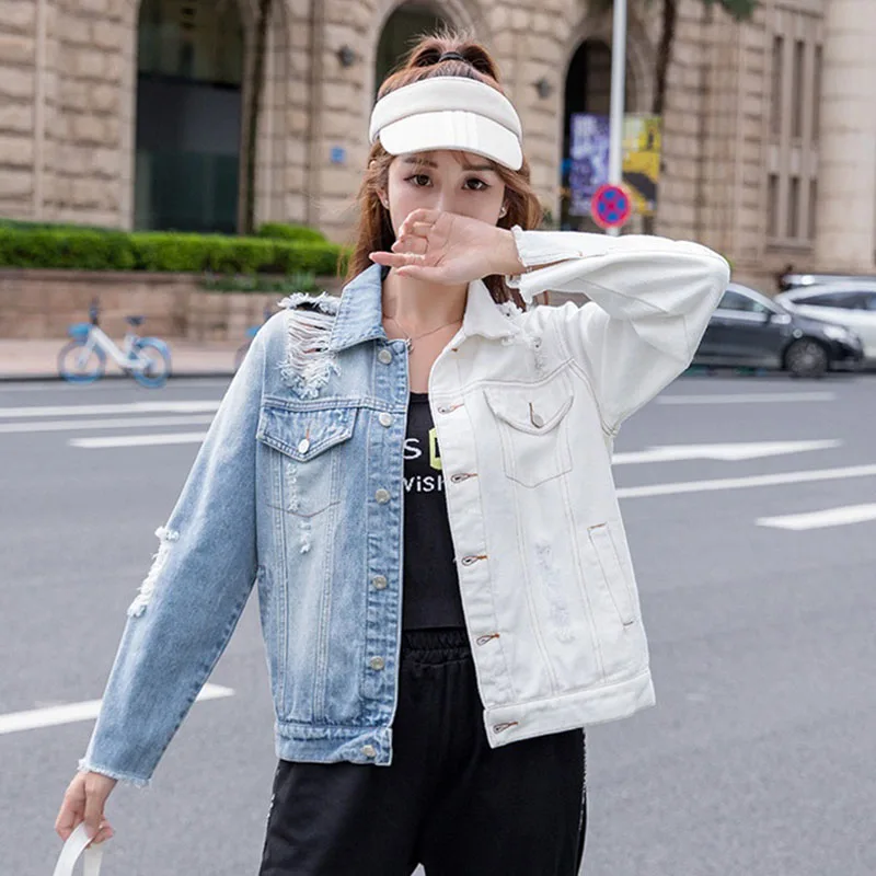 Размера плюс джинсовая куртка 2021 Весна Осенняя женская обувь синего цвета-белый