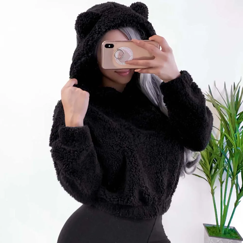 Vieuunsta Женская толстовка Kawaii флис мех длинный рукав с капюшоном Осень Зима мишка уши мягкий пуловер толстовка с капюшоном XL