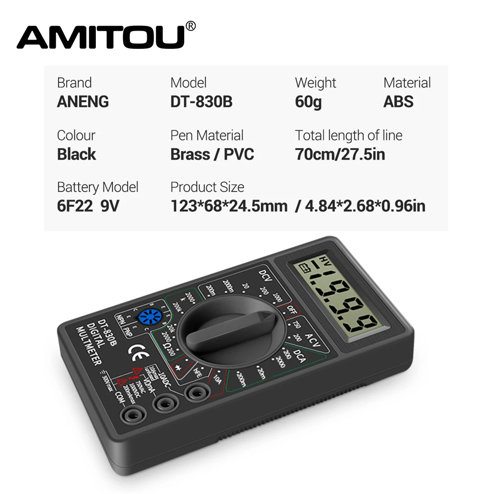 AMITOU DT830B Digital Multimeter AC/DC LCD Mini Voltmeter Ammeter Ohm Tester 750/1000V High Safety Handheld Meter With Probe | Инструменты