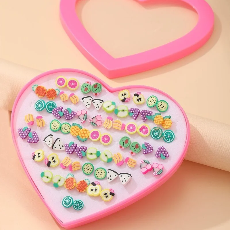 

New Soft Pottery Fruit Banana Grape Orange Children's Earring Set 36 Pairs of Love Gift Box Korean Child Jewelry Cute Earrings
