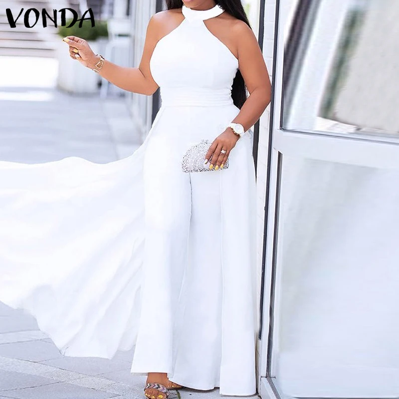 

VONDA Women Jumpsuits Sexy Sleeveless Halter Neck Wide Leg Long Palazzo Pants Ladies Solid Pantalon Femme Overalls