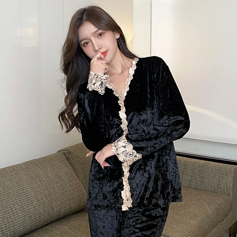 

Casual Sleepwear Women Lounge Wear Velvet Pajamas Set 2 Pieces Shirt&Pants Winter New Nightwear Lace Patchwork Home Clothes