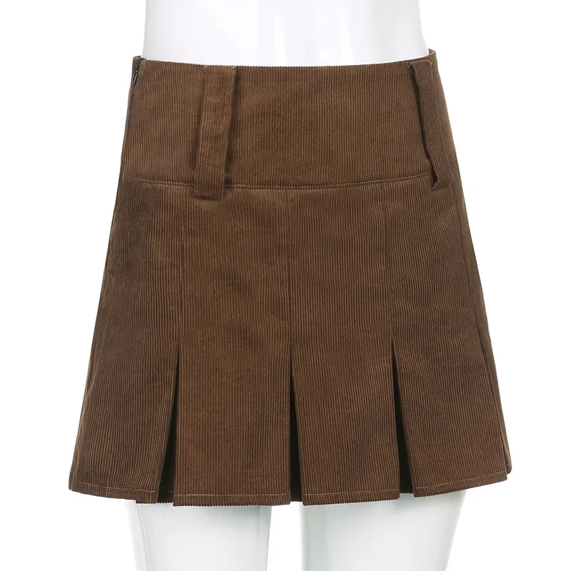 

Womens Brown Corduroy Pleated Skirts 90s Vintage Y2K Aesthetic School Girl Mini Skirt High Waist Cute Kawaii Short Clothes
