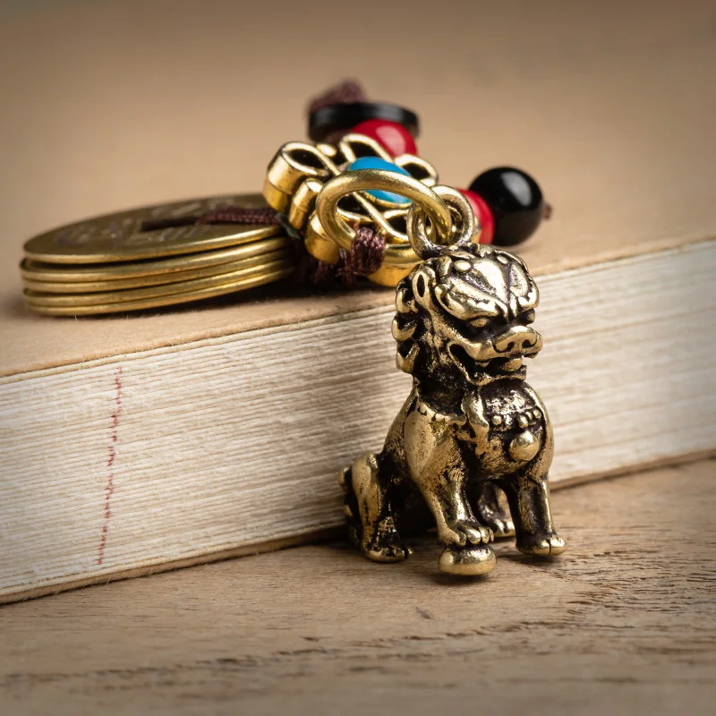 Античный латунный брелок в виде зверя Льва шнурок Подвески ручной работы веревка