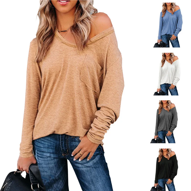 

Solid Color Long Sleeve T-shirt Autumn 2021 New Women's Wear V With Pocket Casual Top Trendy Clothes For Women T Shirt Female