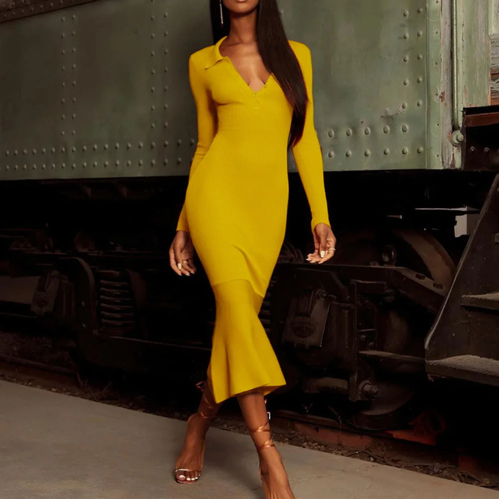 

Womens Autumn New 2021 Dress Solid Color Sexy Temperament V-neck Long Sleeve Mermaid African Pullover Bag Hip Dress