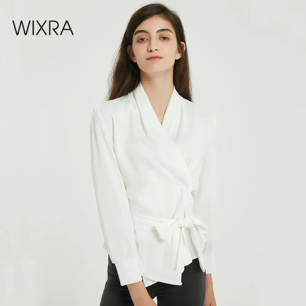 Женская однотонная блузка с поясом Wixra элегантная офисная Свободная рубашка