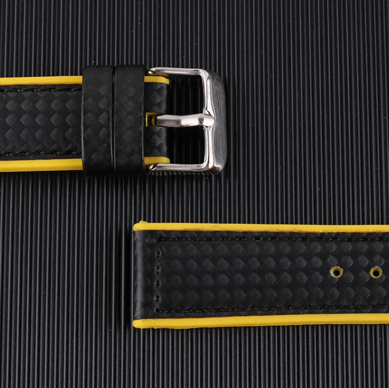 Carbon Fiber Rubber Watchband 22mm 20mm Black with White Red Blue Orange Yellow Line Strap For Men Women Watch Accessories Tools | Наручные