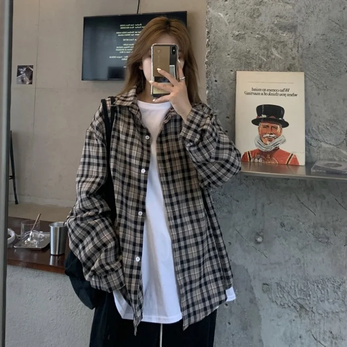 

Женская рубашка-пальто в клетку, весна-осень, дизайнерская нишевая рубашка с длинным рукавом, бандажная Классическая рубашка в гонконгском ...