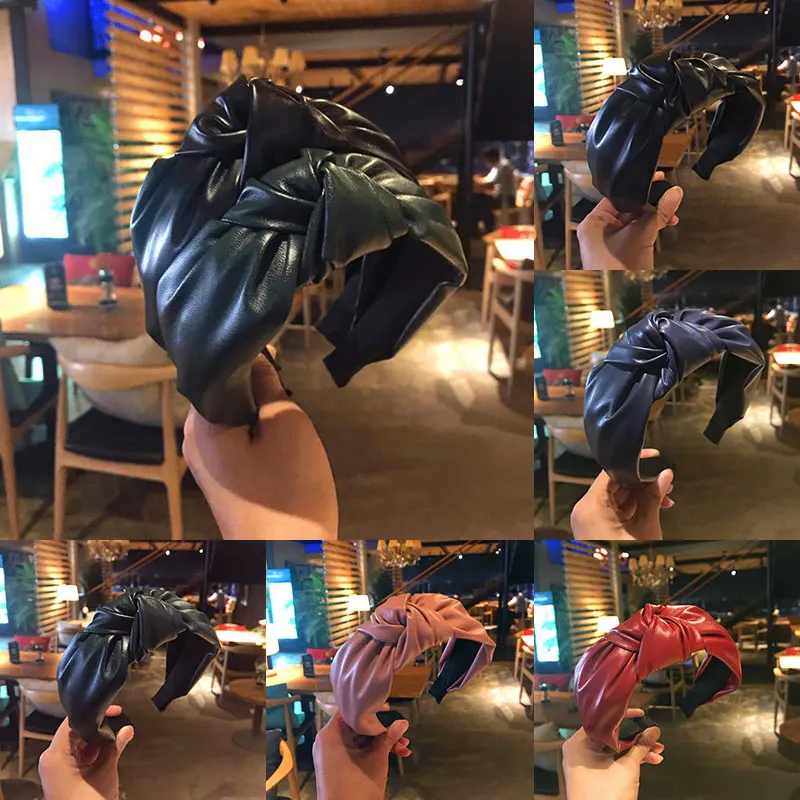 

Vintage Women Fashion Wide Headband Glossy PU Leather Bow Knotted Hair Hoop Female Party Solid Color Headband Hair Accessories