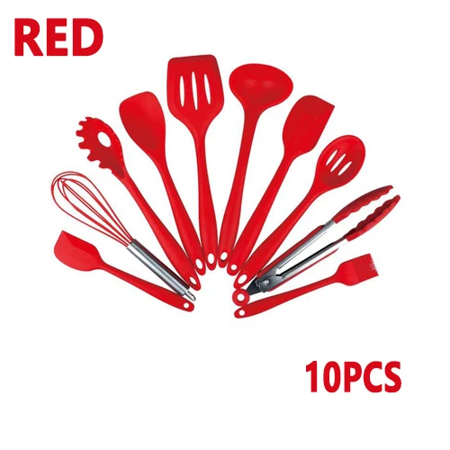 RED-10PCS 10/11 шт/силиконовый Кухонные принадлежности с антипригарным покрытием для Пособия по кулинарии Инструмент Ложка ковш яйцо венчики Лопата суп Кухня набор посуды - Цвет: RED-10PCS