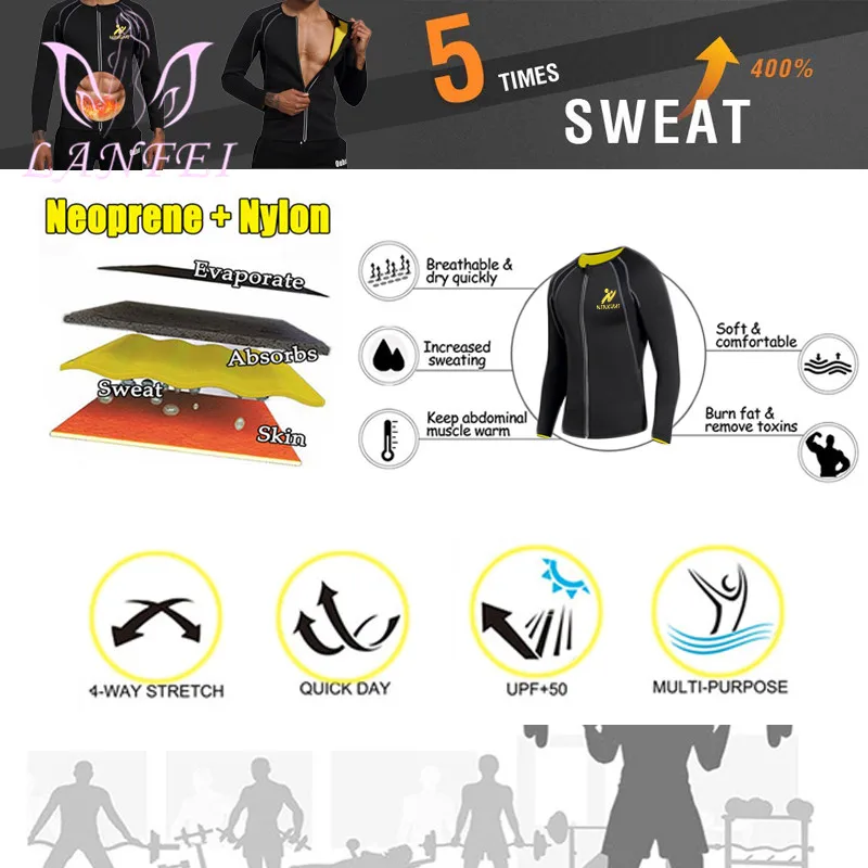 LANFEI Men Sports Slimming Shirt Weight Loss Neoprene Sauna Sweat Vest Suit Waist Trainer Body Shaper Tank Top with Long Sleeve