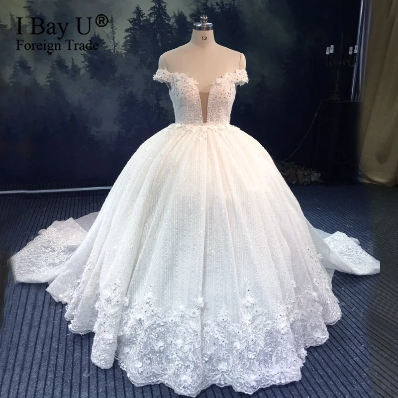Luxury Sequins Lace Wedding Dresses 2021 3D Flower Ivory Shiny Beading Ball Gown Bridal Gowns Dress Dubai Vestidos De Novia | Свадьбы и