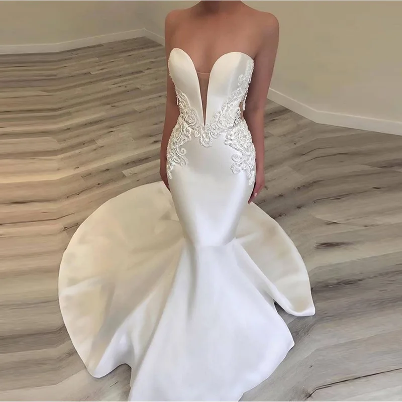 

Simple Mermaid Wedding Dresses Appliques Beaded Backless Bridal Gowns Cutaway Sides Sweep Train Long Wedding Dress