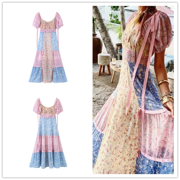Chu Sau beauty Boho Chic винтажное платье макси с цветочным принтом женское праздничное лоскутное милое Каскадное платье Vestidos De Verano