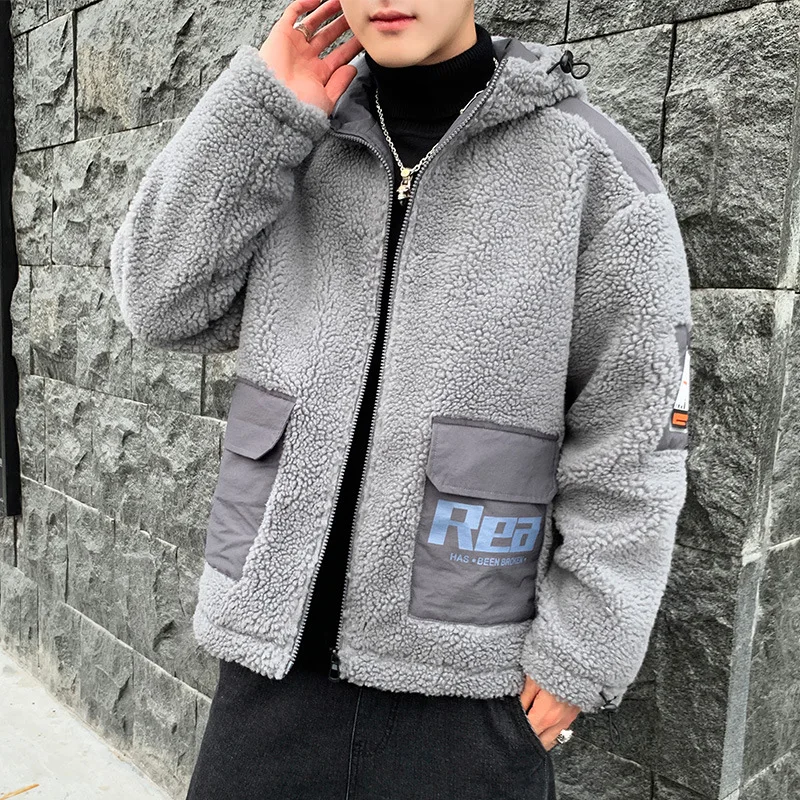 New Winter Men's Fur Fleece New Fashion Coat Overcoat Male Lapel Warm Fluff Gray Zipper Hooded Jacket Outerwear Plus Size
