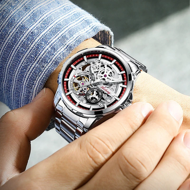 

AILANG 2021 New Men's Hollow Mechanical Watch Stainless Steel Week Calendar Luminous Sports Waterproof Atmosphere Business Watch