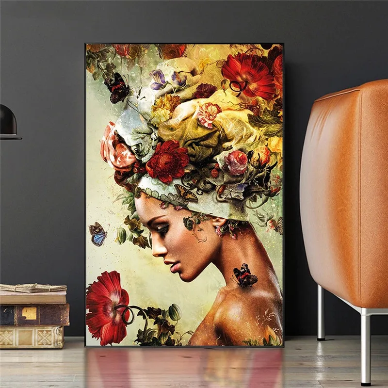 

Profile Woman Flower Art Posters and Prints Canvas Paintings Wall Art Pictures for Living Room Decor (No Frame)