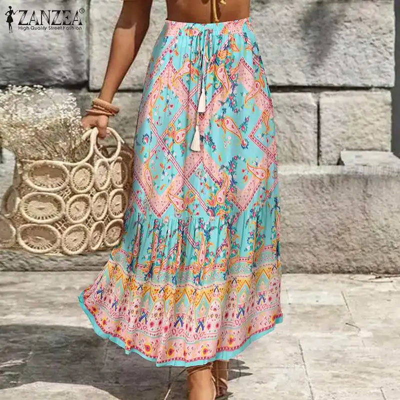 

Summer Bohemian Floral Printed Skirts 2022 ZANZEA Women Long Faldas Saia Jupe Casual Elastic Waist Beach Holiday Skirt Robe