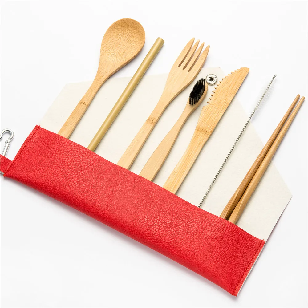 8pcs setA006 Многоразовый набор bambooстоловых приборов деревянный портативный набор посуды Резак Режущий мешок для студентов офисный Рабочий набор посуды кухонный инструмент - Цвет: 8pcs setA006