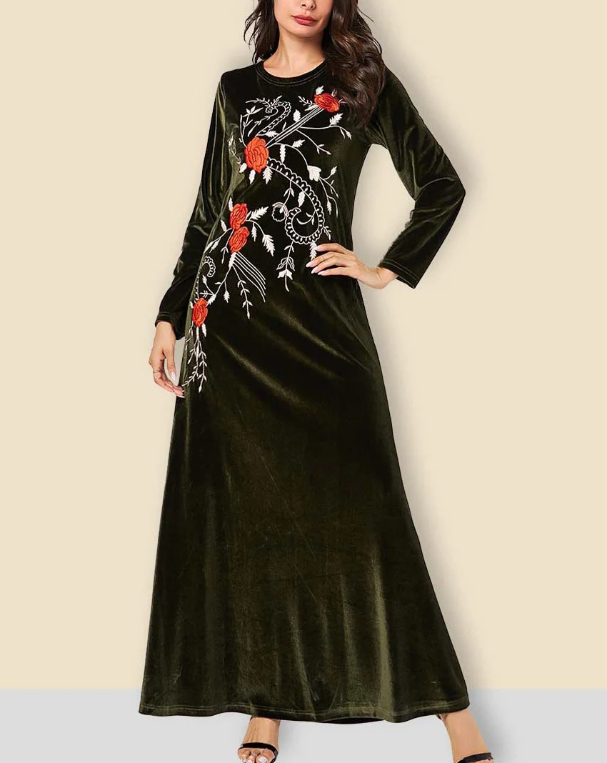 

Autumn 2021Muslim Abaya Clothing Elegant Velvet Dress Embroidery Flowers Fashion Loose Plus Size Party Evening Maxi Dress Ladies