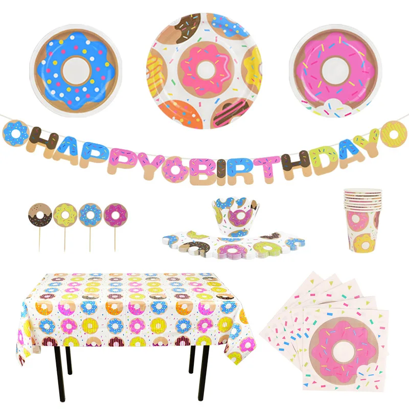 Donut Party Plate Cup Napkins Tablecloth Banner Birthday Party Disposable Tableware Set 1st Birthday Decoration Supplies