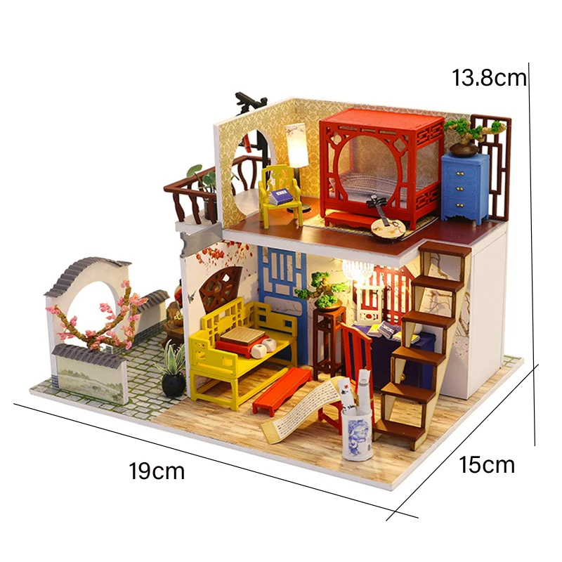 

DIY Doll House Wooden Miniature Chinese Style Leisurely Jiangnan Courtyard Furniture For With Light Kit Toys