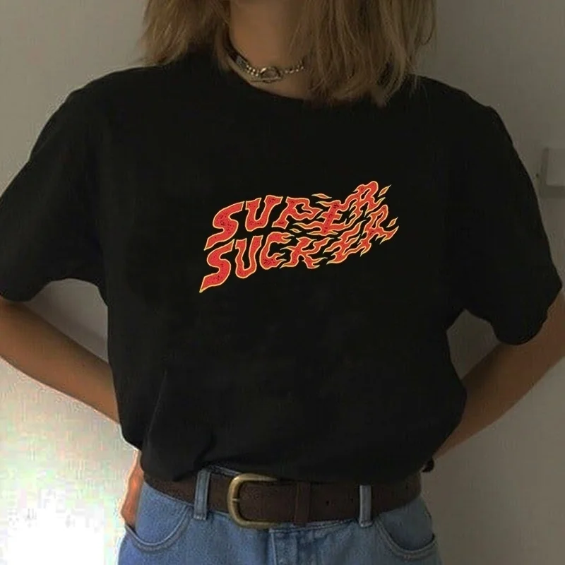 

Starqueen-JBH 1pcs Black Fire Flame Unisex Super Sucker T-Shirt Hipsters Street Style Grunge Black Short Sleeves Swag Shirt