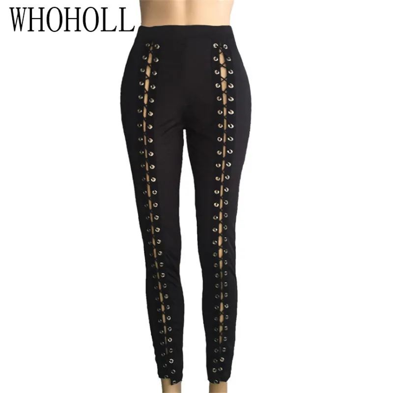 

New Sexy Women Hollow Out Holes Pants Bandage Wet Look Sexy Faux Leather Pants Trousers Clubwear Slim Leggings