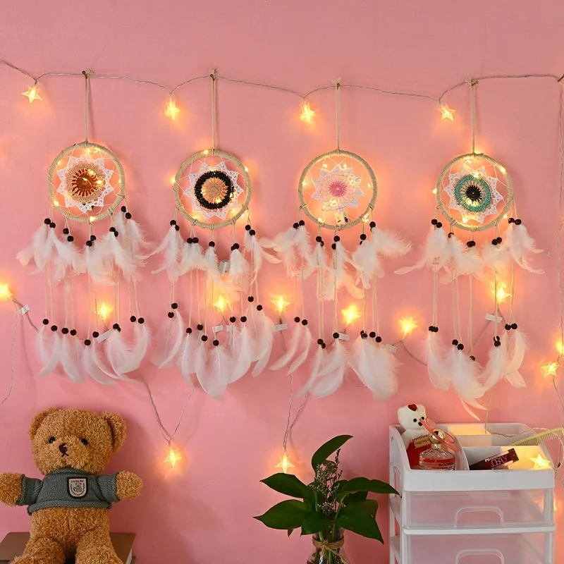 

Vintage LED Lights Feather Leds Light Indoor Round Holiday Cute Weave Pendant Decors for Kids Bedroom Warm White Fashion Luces