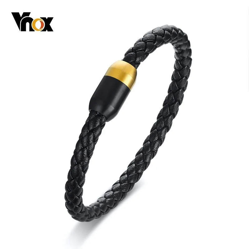 Черный плетеный браслет Vnox из натуральной кожи для мужчин и женщин магнитный