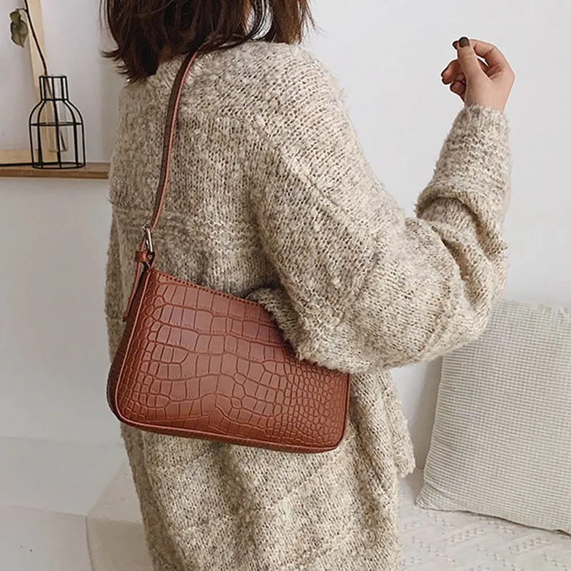 

Crocodile Pattern Leather Shoulder Bags Women Retro Fashion Underarm Purse Ladies Party Handbags Simple Color Crossbody Bag New