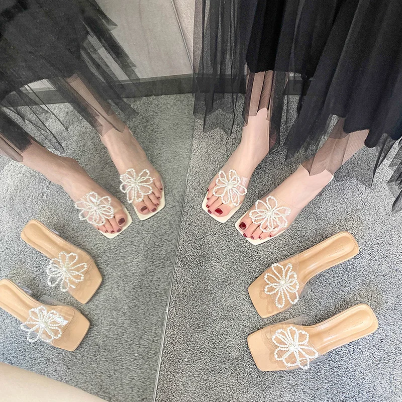 

Shoes Woman 2021 Glitter Slides Square heel Female Slippers String Bead Lady Flower Fashion Med Jelly Block New Beach Girl
