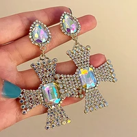 trendy exaggerated crystal cross drop earrings for women temperament jewelry aaa zircon s925 needle weddings birthday party gift